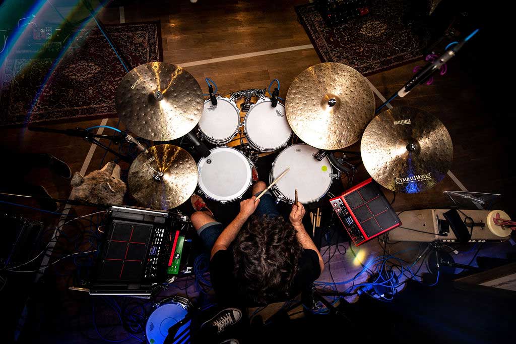 CymbalWorks on drums with SlapKlatz and drum gear drum head